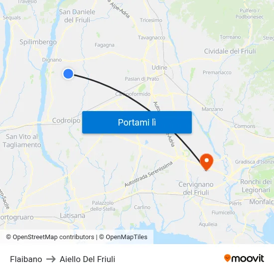 Flaibano to Aiello Del Friuli map
