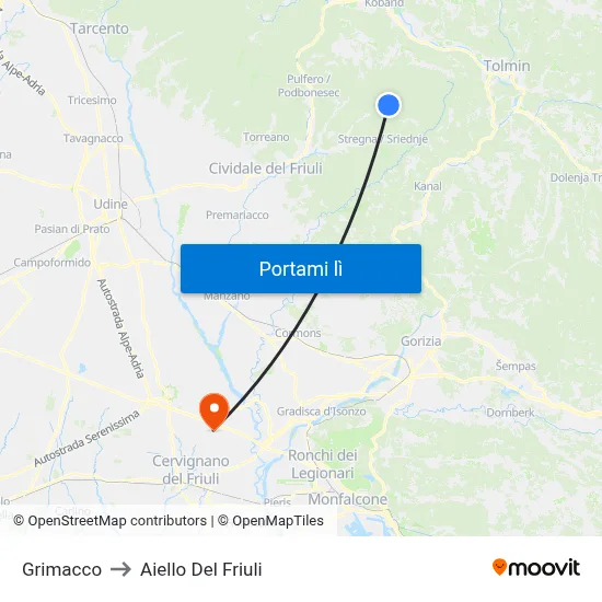 Grimacco to Aiello Del Friuli map