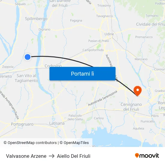 Valvasone Arzene to Aiello Del Friuli map