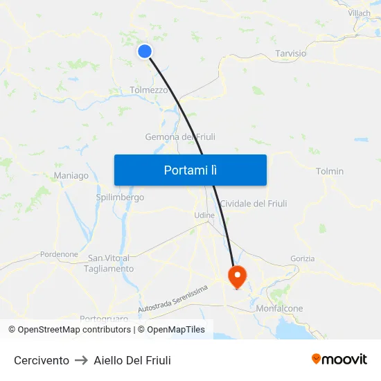 Cercivento to Aiello Del Friuli map