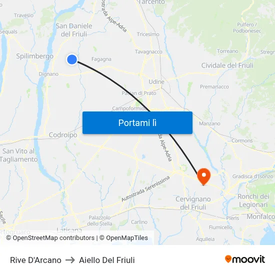 Rive D'Arcano to Aiello Del Friuli map
