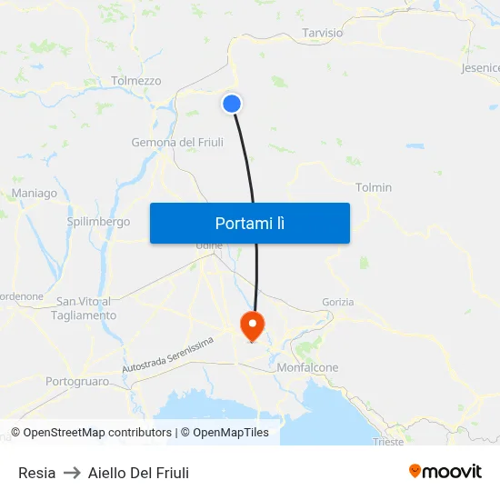 Resia to Aiello Del Friuli map