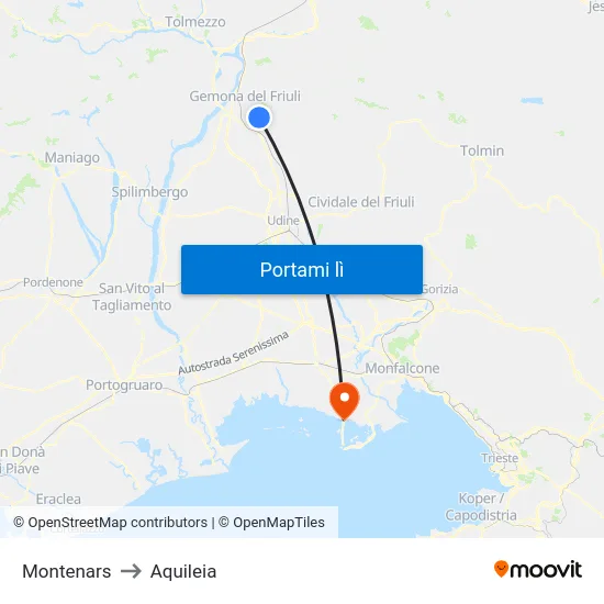 Montenars to Aquileia map