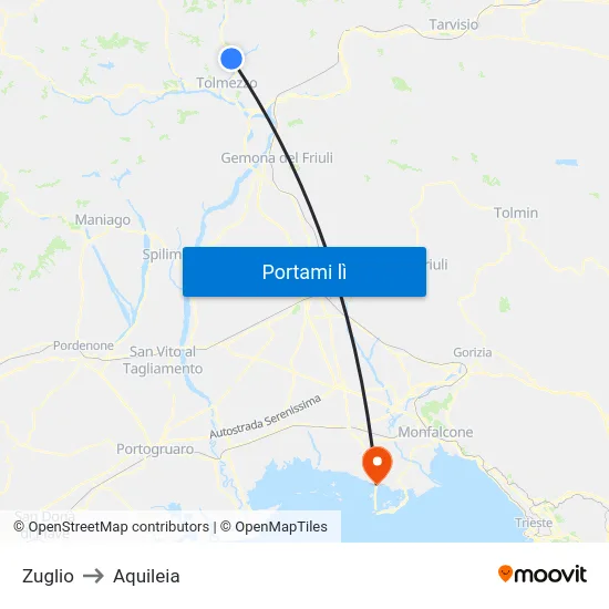 Zuglio to Aquileia map