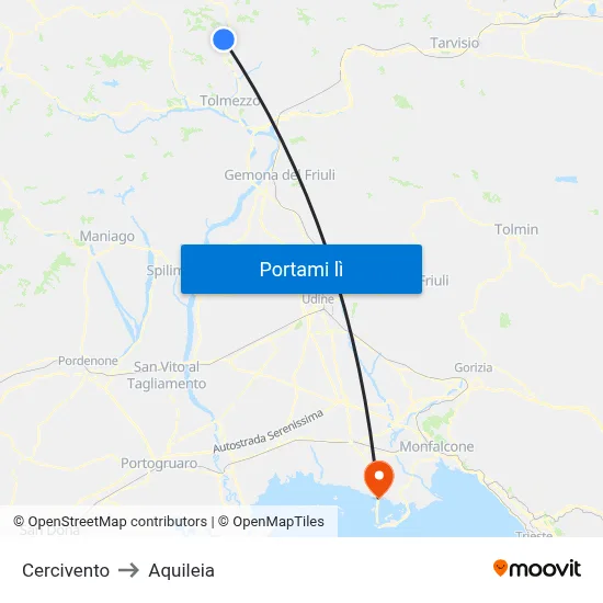 Cercivento to Aquileia map
