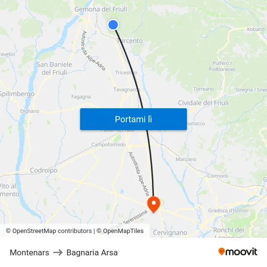 Montenars to Bagnaria Arsa map