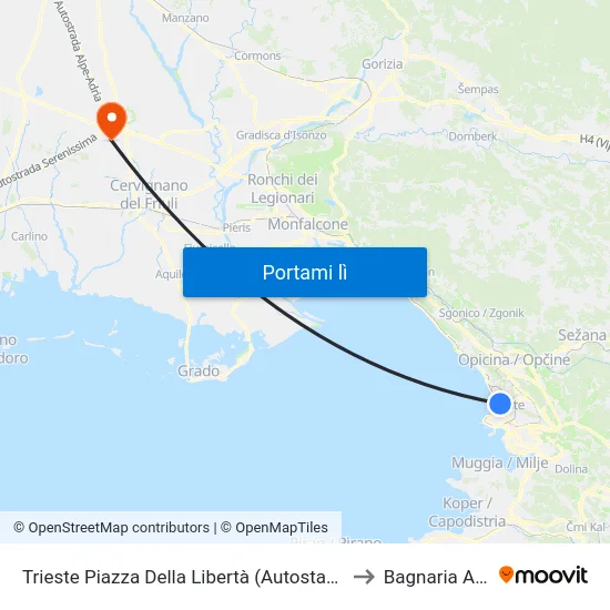 Trieste Piazza Della Libertà (Autostazione) to Bagnaria Arsa map