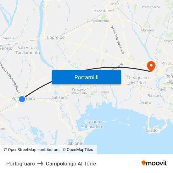 Portogruaro to Campolongo Al Torre map