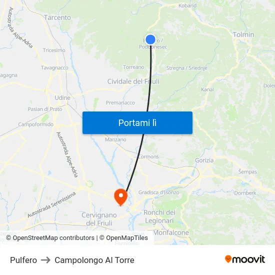 Pulfero to Campolongo Al Torre map