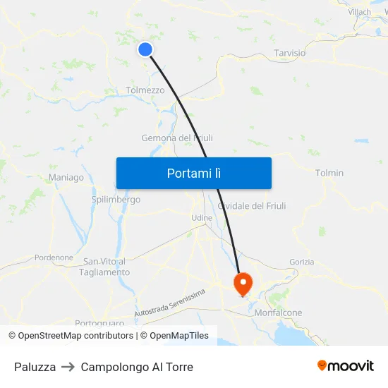 Paluzza to Campolongo Al Torre map