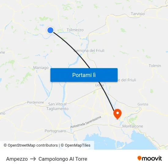 Ampezzo to Campolongo Al Torre map