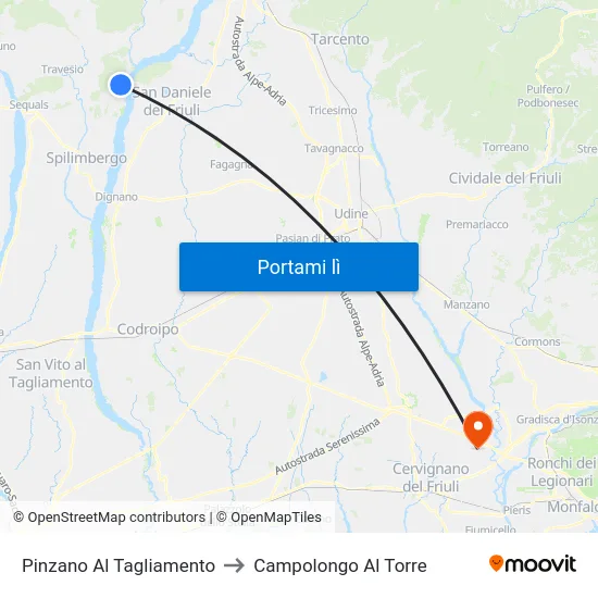 Pinzano Al Tagliamento to Campolongo Al Torre map