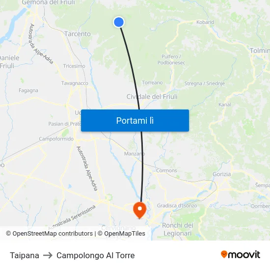 Taipana to Campolongo Al Torre map