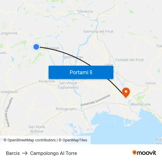 Barcis to Campolongo Al Torre map