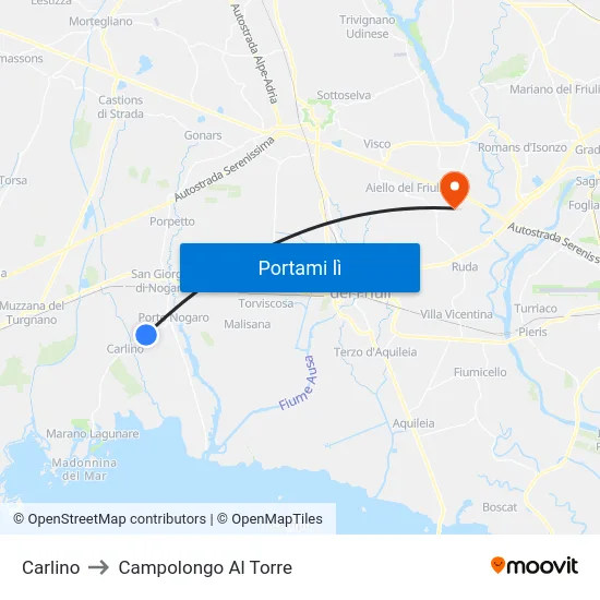 Carlino to Campolongo Al Torre map