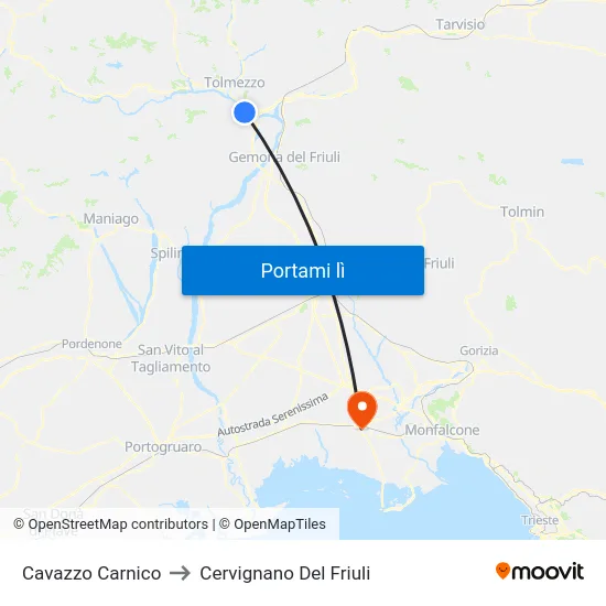 Cavazzo Carnico to Cervignano Del Friuli map