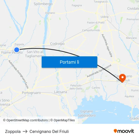 Zoppola to Cervignano Del Friuli map