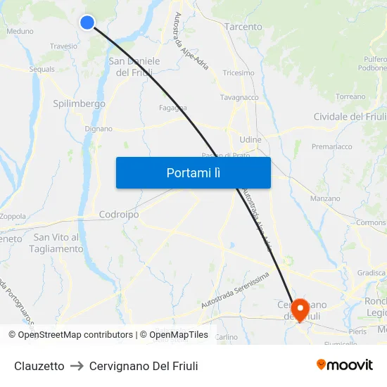 Clauzetto to Cervignano Del Friuli map