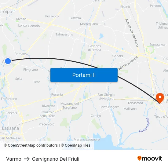 Varmo to Cervignano Del Friuli map
