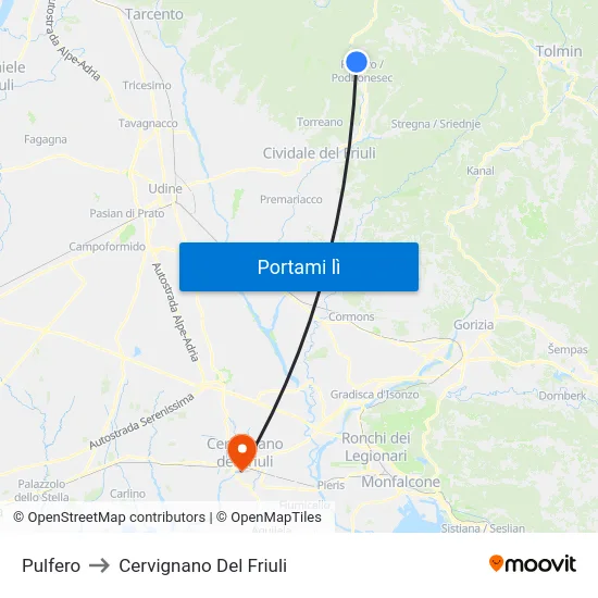 Pulfero to Cervignano Del Friuli map