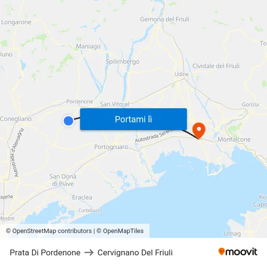 Prata Di Pordenone to Cervignano Del Friuli map
