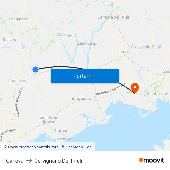 Caneva to Cervignano Del Friuli map