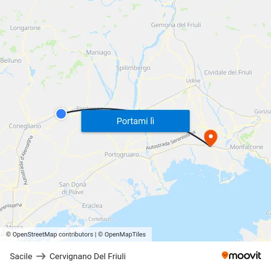 Sacile to Cervignano Del Friuli map