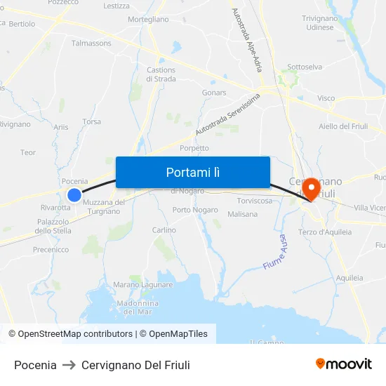 Pocenia to Cervignano Del Friuli map