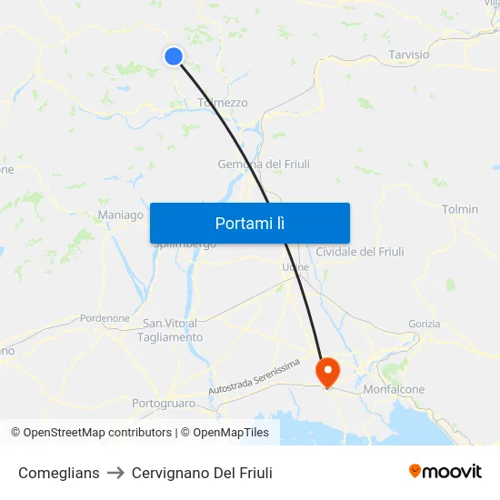 Comeglians to Cervignano Del Friuli map