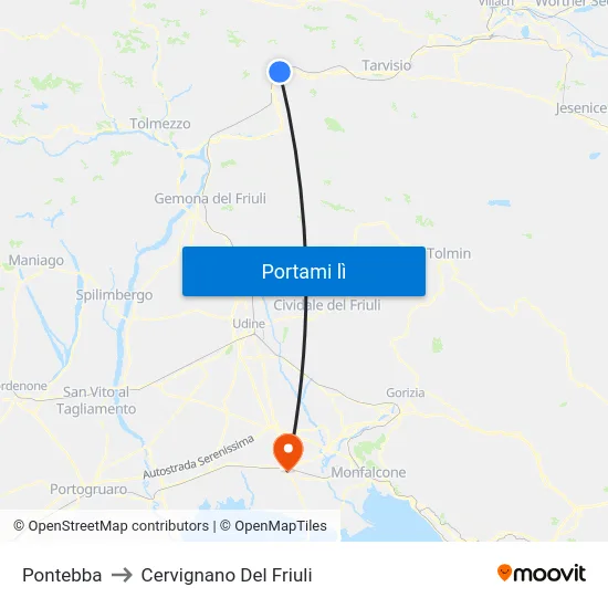 Pontebba to Cervignano Del Friuli map