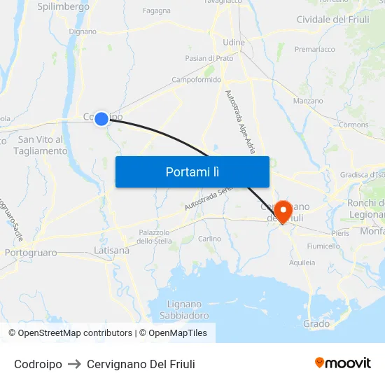 Codroipo to Cervignano Del Friuli map