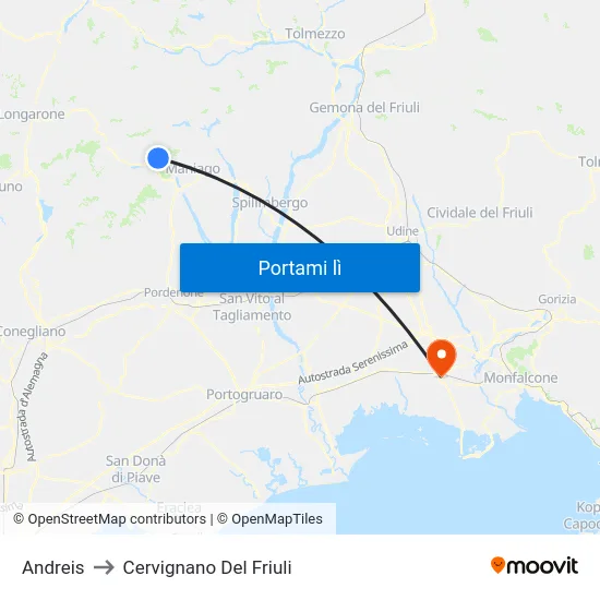Andreis to Cervignano Del Friuli map