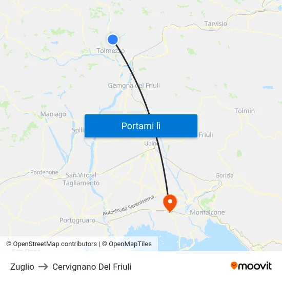 Zuglio to Cervignano Del Friuli map