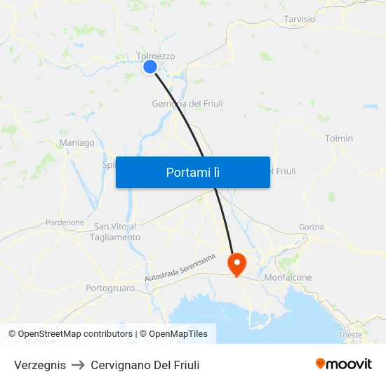 Verzegnis to Cervignano Del Friuli map