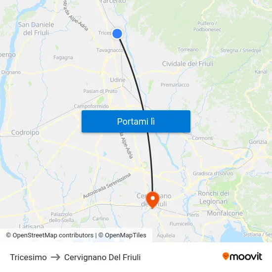 Tricesimo to Cervignano Del Friuli map
