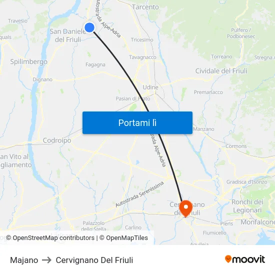 Majano to Cervignano Del Friuli map