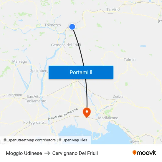 Moggio Udinese to Cervignano Del Friuli map