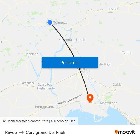 Raveo to Cervignano Del Friuli map