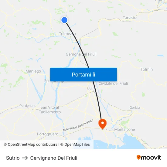 Sutrio to Cervignano Del Friuli map