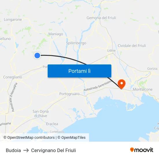 Budoia to Cervignano Del Friuli map