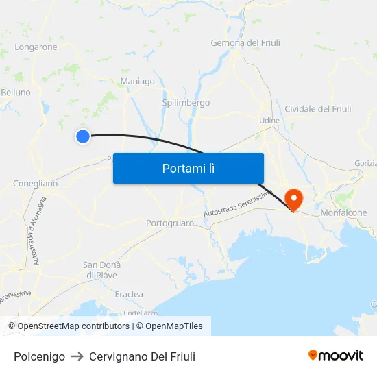 Polcenigo to Cervignano Del Friuli map