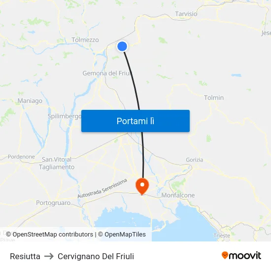 Resiutta to Cervignano Del Friuli map