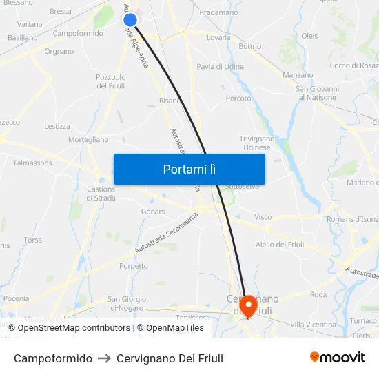 Campoformido to Cervignano Del Friuli map