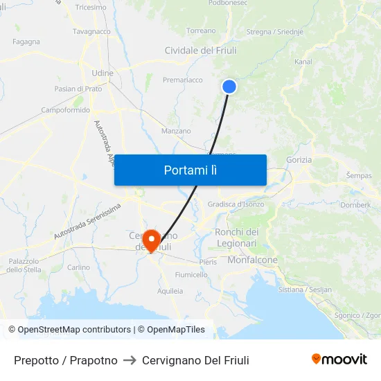 Prepotto / Prapotno to Cervignano Del Friuli map
