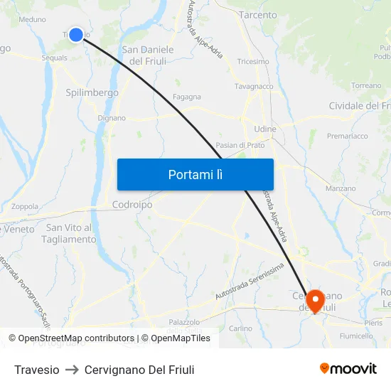 Travesio to Cervignano Del Friuli map
