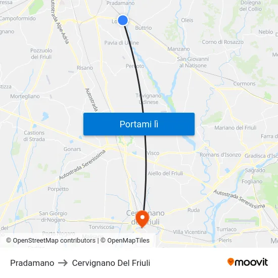 Pradamano to Cervignano Del Friuli map