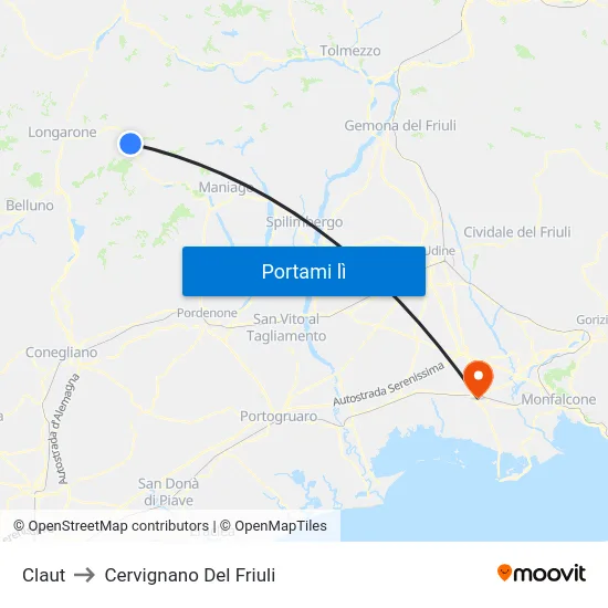 Claut to Cervignano Del Friuli map