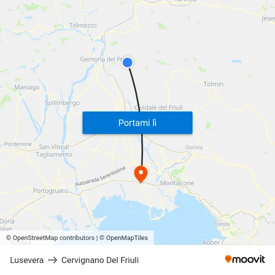 Lusevera to Cervignano Del Friuli map