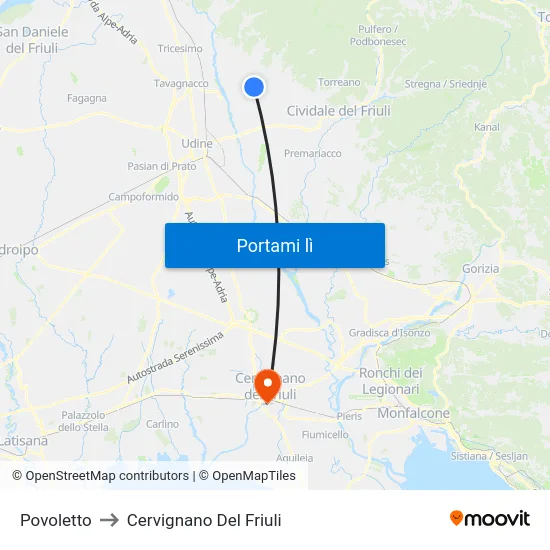 Povoletto to Cervignano Del Friuli map
