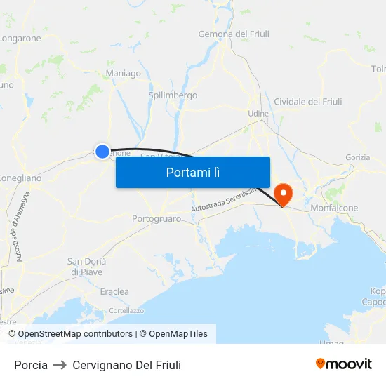 Porcia to Cervignano Del Friuli map